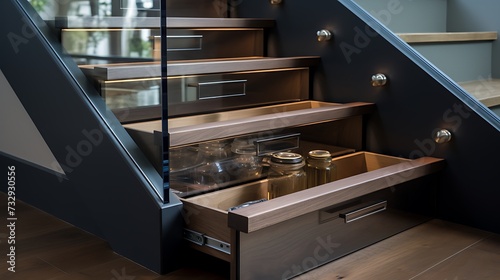 Smoked glass-paneled hidden storage drawers beneath staircase steps