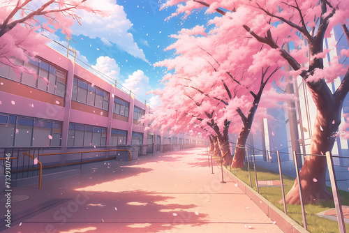 春に桜が舞う学校風景