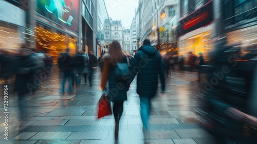 photo of the street, couple in focus, motion blur people passing