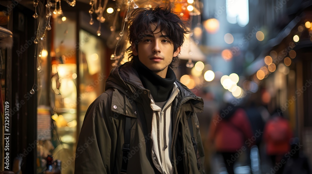 A candid shot of a Japanese male model engaging with his surroundings, captured by a handheld HD camera, showcasing his unique style and urban charm
