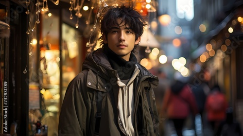 A candid shot of a Japanese male model engaging with his surroundings, captured by a handheld HD camera, showcasing his unique style and urban charm