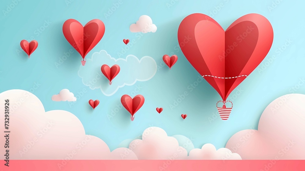 Valentine's day background with paper art hot air balloon in the sky, Generative AI illustrations.