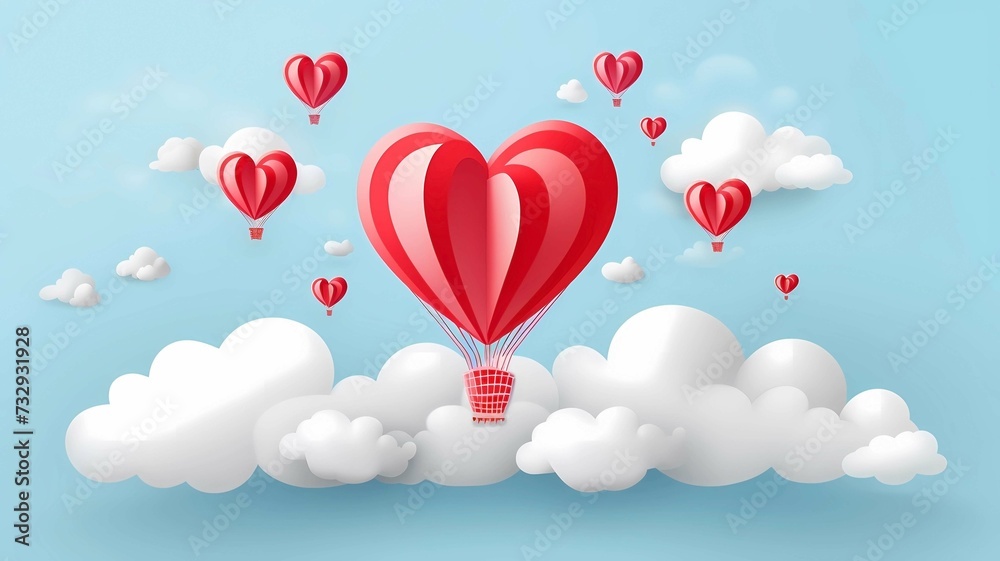Red heart balloon flying in the blue sky with clouds. Paper art style, Generative AI illustrations.