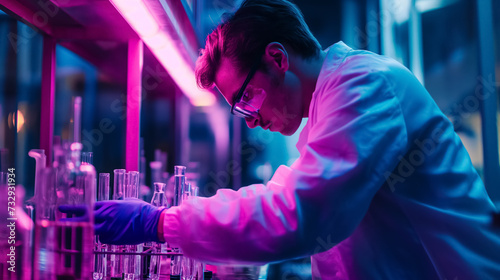 Scientist working with test tubes in neon light.