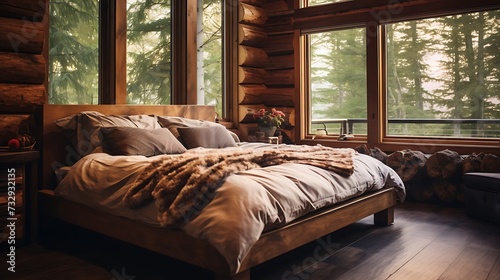 Photo showcasing a sturdy log or reclaimed wood bed frame with under bed storage, complementing a cozy cabin aesthetic photo