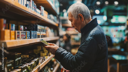 Elderly man perusing items in a shop.