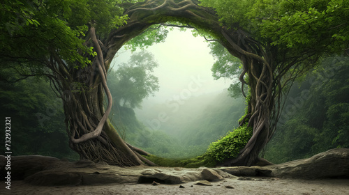 Mystical tree arch in a lush forest.