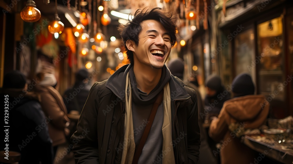 A candid shot of a Japanese male model laughing while walking through a lively street market, captured by a handheld HD camera, reflecting his joyful spirit and fashionable ensemble