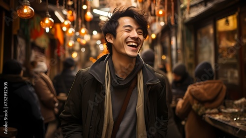 A candid shot of a Japanese male model laughing while walking through a lively street market, captured by a handheld HD camera, reflecting his joyful spirit and fashionable ensemble