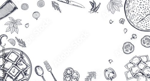 Italian restaurant menu top view in outline. ravioli table background. retro old school style illustration. Free space Vector illustration