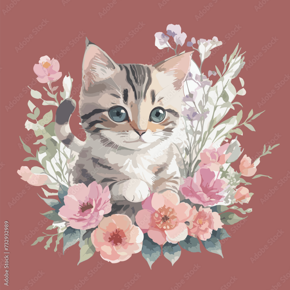 Sweet Funny Cute cat kitten sitting with floral watercolor beauty flower painting eps vector illustration Suitable for trendy t-shirt, hoodie, poster, sticker, banner, mug, bag multipurpose use Sweet Funny Cute cat kitten sitting with floral watercolor beauty flower painting eps vector illustration Suitable for trendy t-shirt, hoodie, poster, sticker, banner, mug, bag multipurpose use