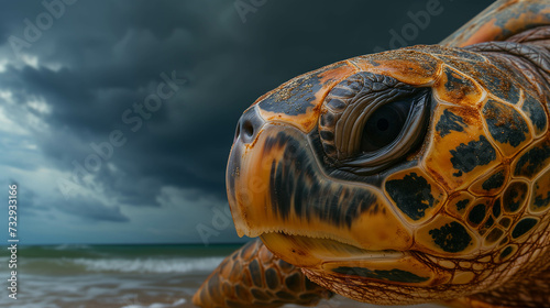 Close-up photo of a sea turtle on the beach.