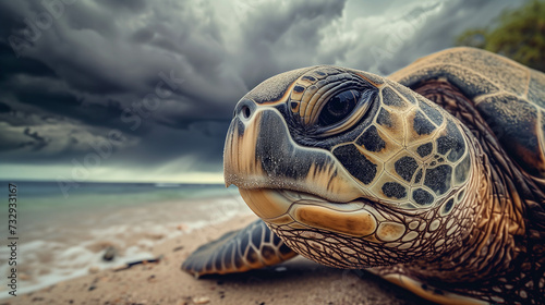 Close-up photo of a sea turtle on the beach.