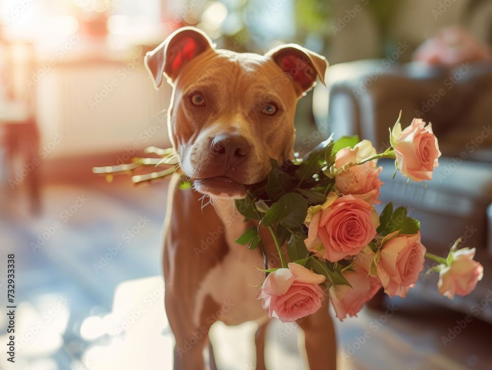 Dog holds a bouquet of roses in its mouth The concept of love from pets
