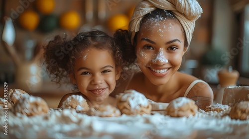 A mother and daughter baking cookies together in the kitchen, flour dusting their noses as they laugh photo