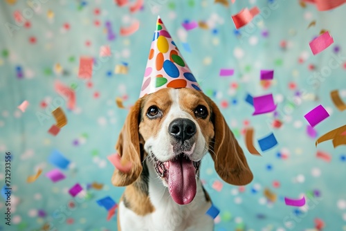 Cute happy dog celebrating at a birthday party. Beagle dog wearing a colorful birthday hat.