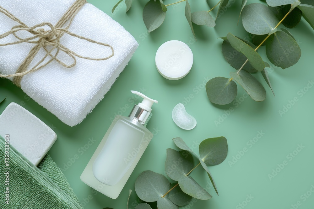 Top view of organic beauty products on a green background cosmetic bottles eucalyptus flowers towels and soap Perfect for a spa or skin care body t Top view of organic beauty products on a green background cosmetic bottles eucalyptus flowers towels and soap Perfect for a spa or skin care body t