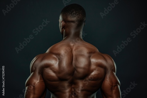 Body building African American male posing on black studio background from behind