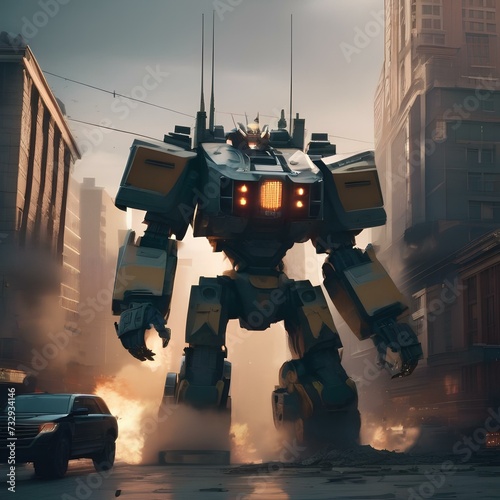 Giant robot rampage, Massive robotic behemoth rampaging through a cityscape as military forces mobilize to stop it4