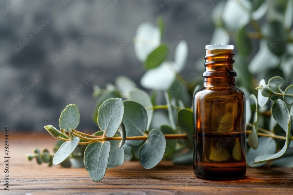 Eucalyptus essential oil with plant branches on table Eucalyptus essential oil with plant branches on table