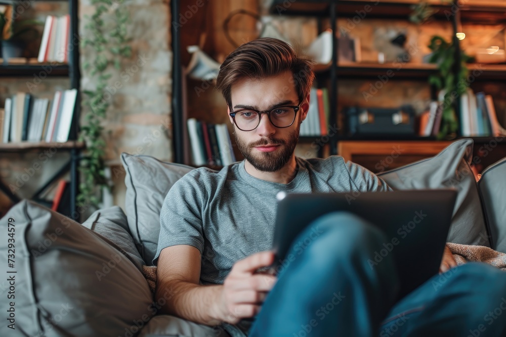A good looking man wearing glasses multitasks on the office couch with a touchpad A good looking man wearing glasses multitasks on the office couch with a touchpad