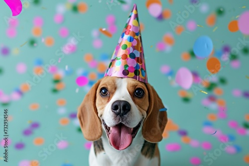 Cute happy dog celebrating at a birthday party. Beagle dog wearing a colorful birthday hat. © Koplexs-Stock