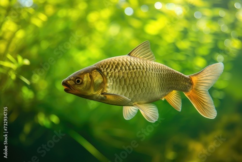 Underwater close up photography of a beautiful freshwater fish in a clean river with a green background wildlife