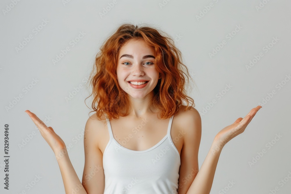 Fototapeta premium Joyful woman confused and raising hands