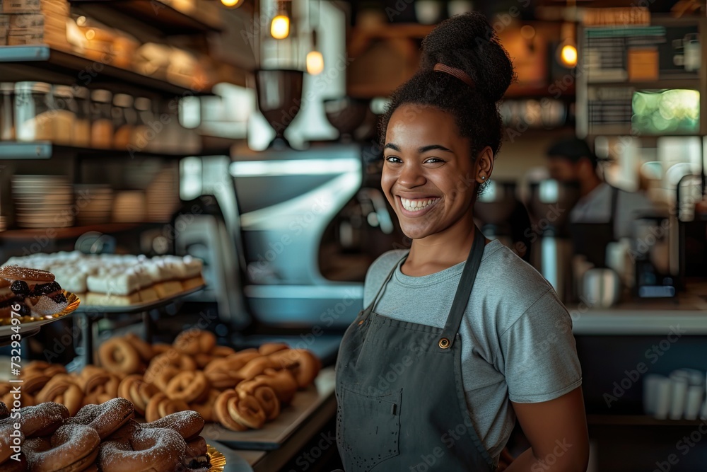 Happy African American barista woman at coffee and bakery shop