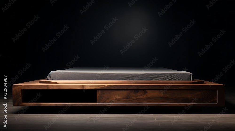 Image of a sleek, low-profile platform bed with minimalist under bed storage drawers - obrazy, fototapety, plakaty 