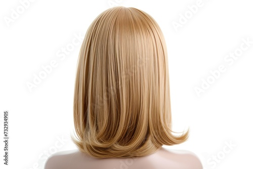 Blonde wig on mannequin head Medium length cut on plastic holder isolated back view