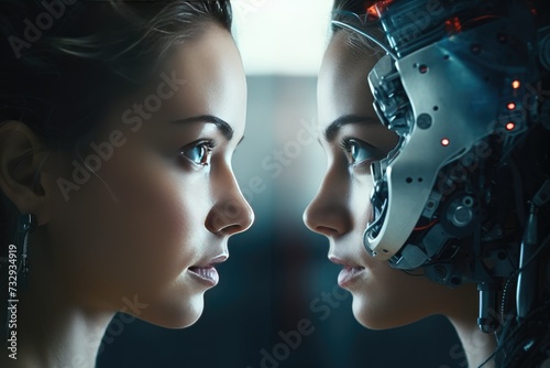 Women opposite AI. The concept of confrontation between ai robot, The concept of confrontation between humanity and artificial intelligence ,Ai generated