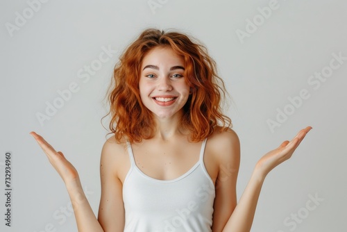 Joyful woman confused and raising hands
