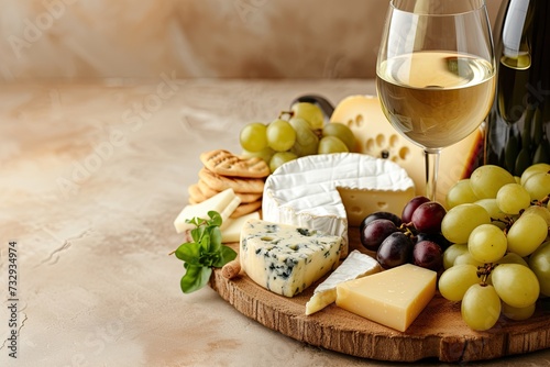 Assorted cheese and white wine on a beige background with room for text