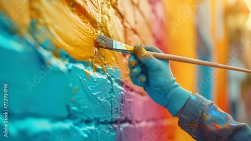 A painter creating a vibrant mural on a city wall, adding color to the urban landscape photo