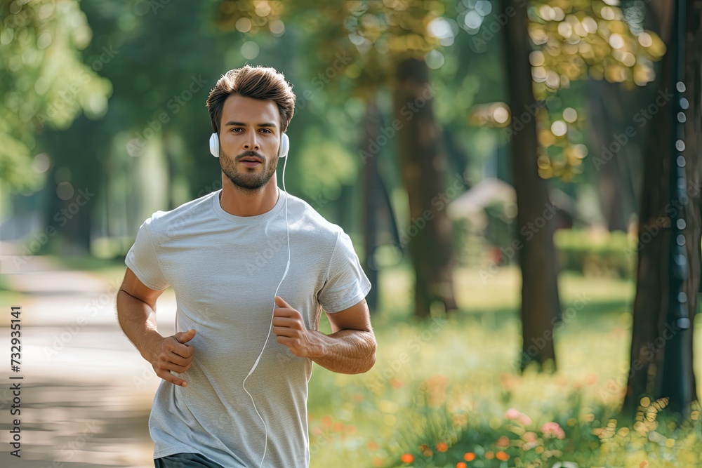 Young man runs in park with headphones on