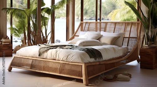 Image of a bamboo or rattan bed frame with concealed under bed storage, creating a tranquil tropical vibe