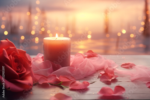 A candle  transparent pink linen fabric  rose and rose petals rest on the wooden table. In the blurred background  a lake with some trees illuminated by light  creating a bokeh effect  is visible.