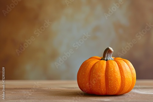 Small orange pumpkin on table with room for text