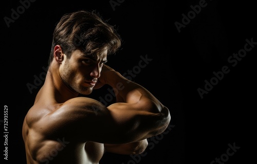 A strong young man displaying his biceps black background