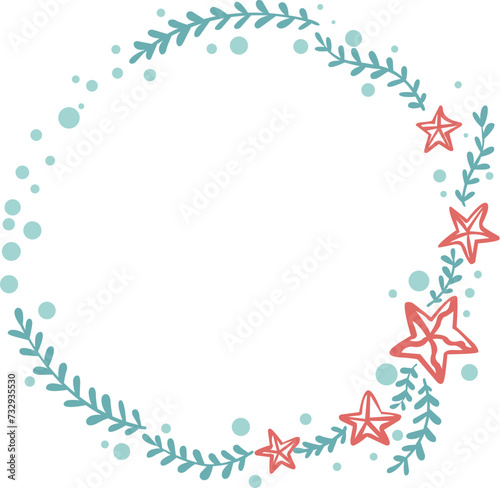 Abstract seaweed, starfish and bubble water wreath frame illustration for decoration on ocean , coastal living style and nautical concept.
