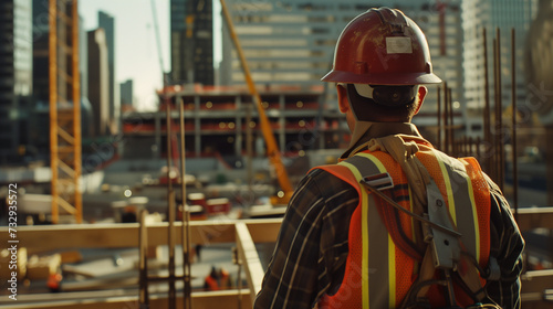 Construction Worker Observing New Building Structures in Urban Environment