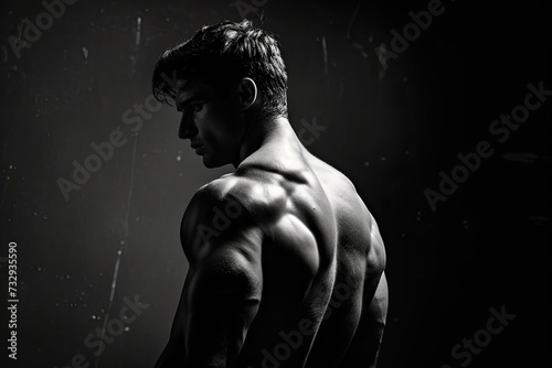 Weightlifter getting ready for workout with barbell hands covered in dust and talc against a dark backdrop photo