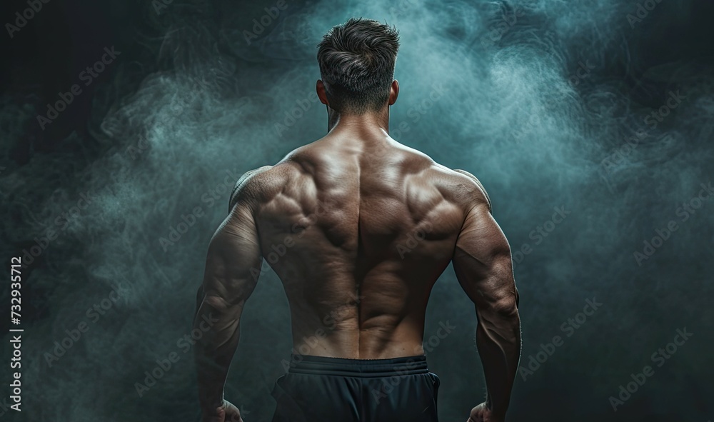 Attractive male body builder viewed from the back on a smoky background