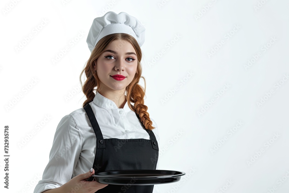 An appealing young waitress with a tray on a blank surface An appealing young waitress with a tray on a blank surface