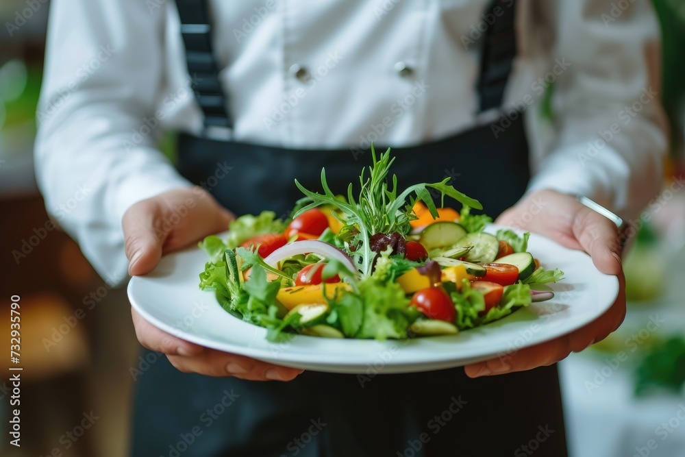 Catering concept Close up of a waiter serving a delicious dish to a guest