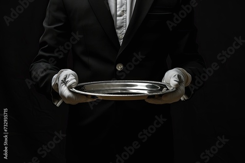 Portrait of Butler in Dark Suit and White Gloves Holding Tray on Black Background Concept of Professional Service