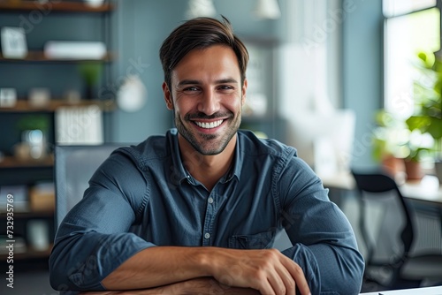 Smiling businessman in office happily posing for camera at desk photo