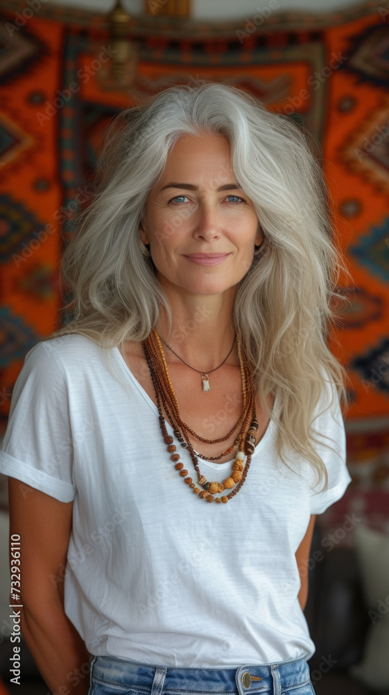 Old Caucasian woman on background of modern loft colorful living room of house Old Caucasian woman on background of modern loft colorful living room of house