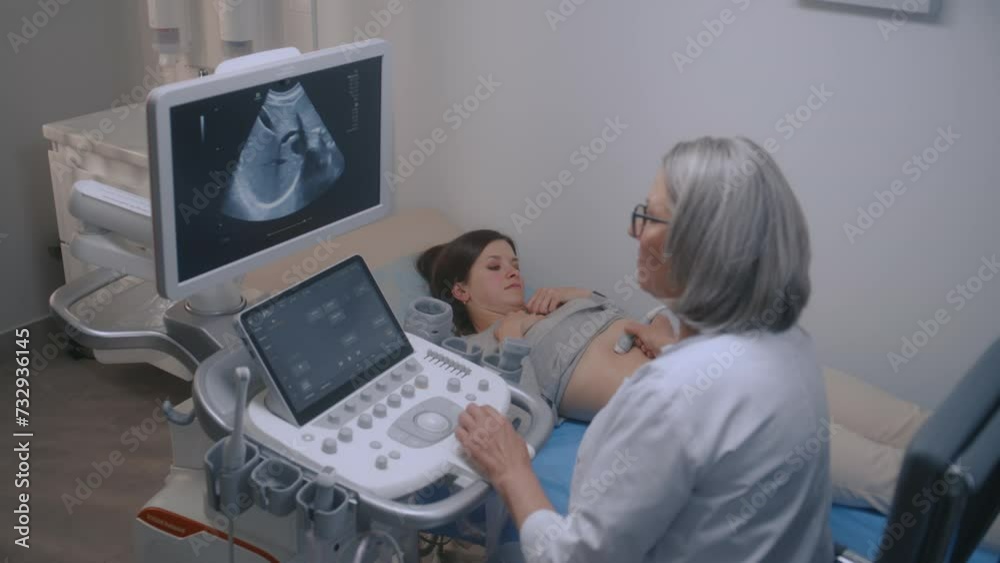 Female doctor performs medical examination of stomach to female patient using ultrasound machine with digital monitor. Caucasian woman undergoes sonography diagnostics in modern clinic or hospital.